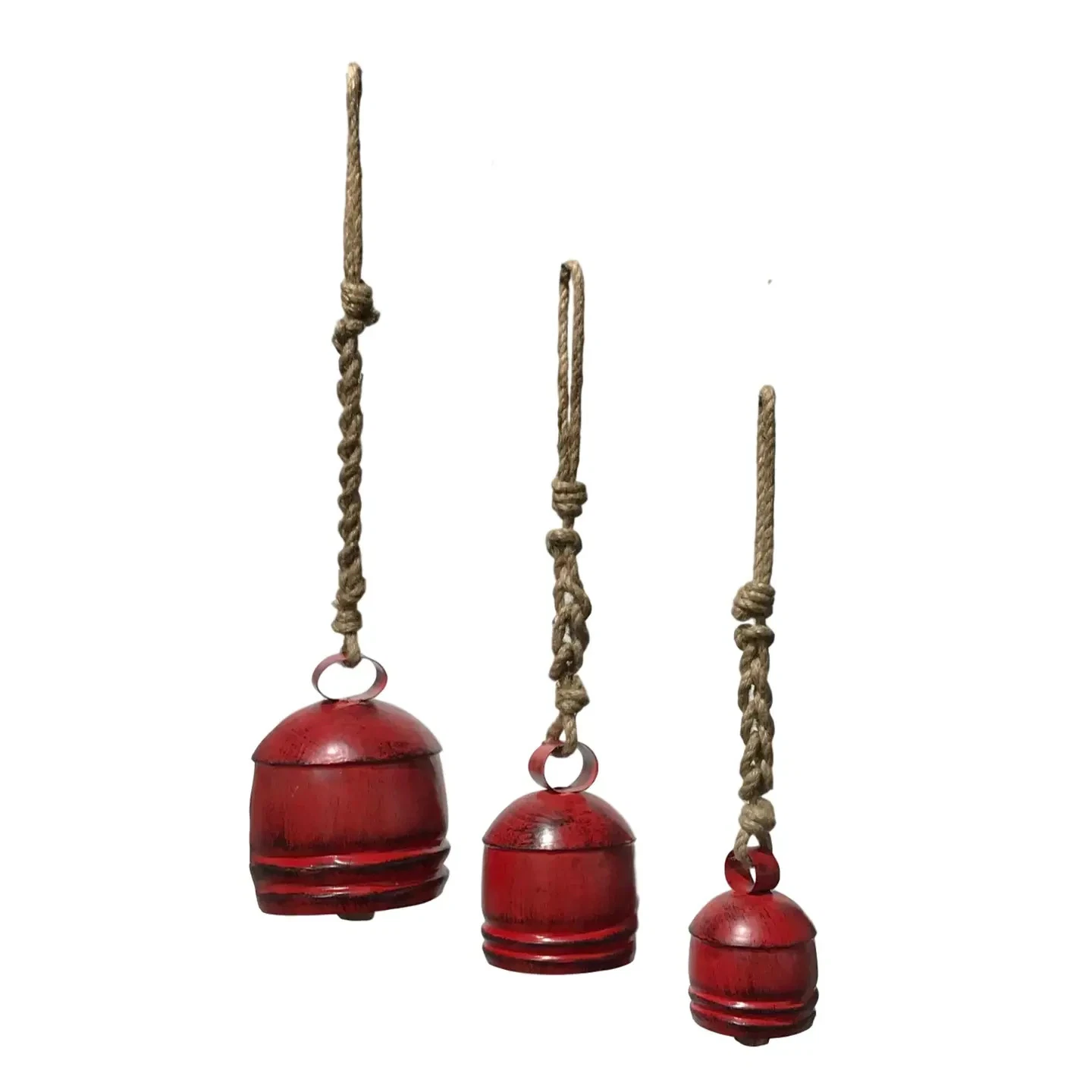 Hanging Bells Set of 3 Red Metal Rope Outdoor Decor (image for) Hanging Bells Set of 3 Red Metal Rope Outdoor Decor