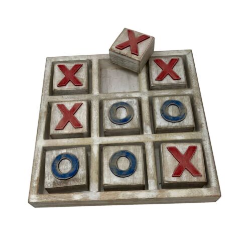Wood Tic Tac Toe Game Vintage Style Red Blue White