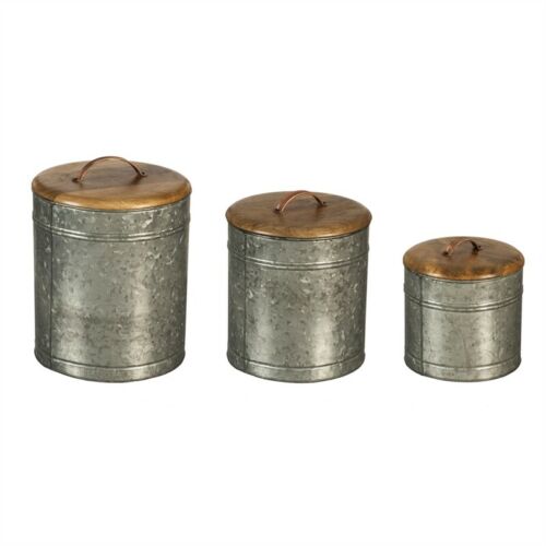 Galvanized Metal Bns Set of 3 Wood Top Storage Containers