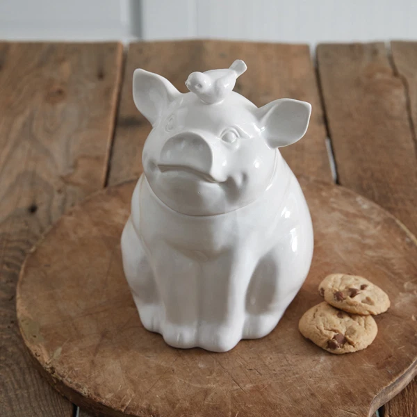 Smiling Pig Cookie Jar with Bird Ceramic (image for) Smiling Pig Cookie Jar with Bird Ceramic