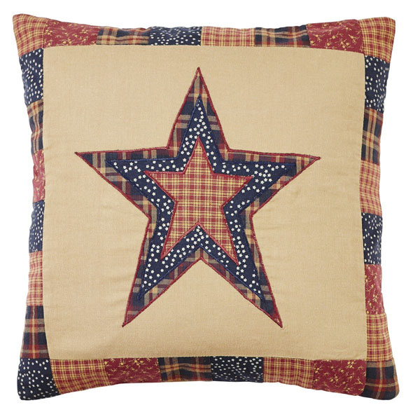 Pillow Cover Primitive Star Blue, Red, Tan 16"