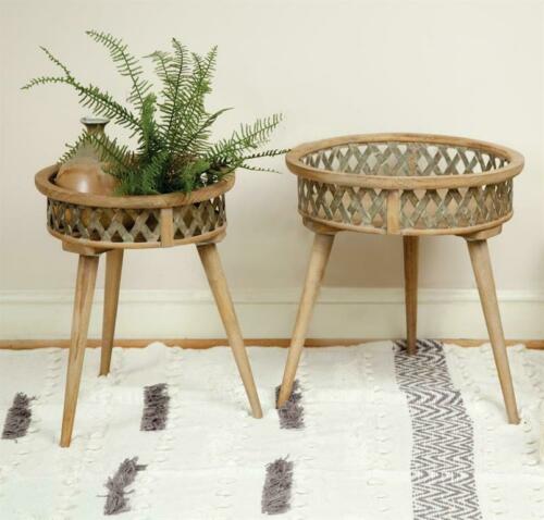 Basket Side Table Set of 2 Wood & Metal