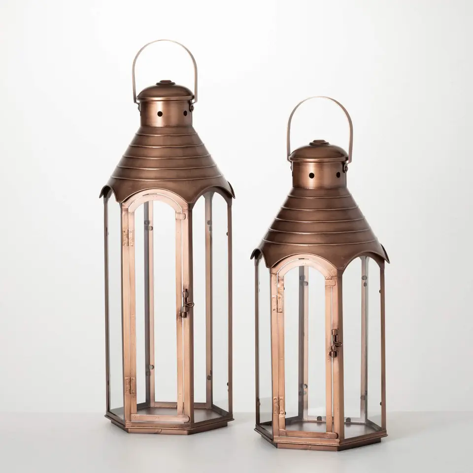Metal Candle Lantern Copper Finish Set of 2 Candle Holders