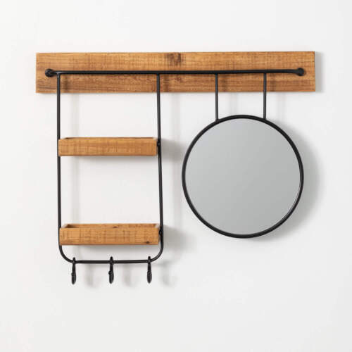 Industrial Wall Mirror Organizer Shelf Hook Wood Metal