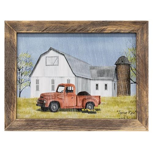 Red Farm Truck White Barn Picture Wood Framed