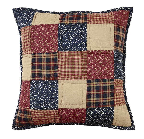 Quilted Pillow Cover Blue Red Tan 16"