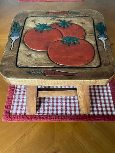 Vegetables Wood Stool Hand Carved 11 x 10 - Click Image to Close
